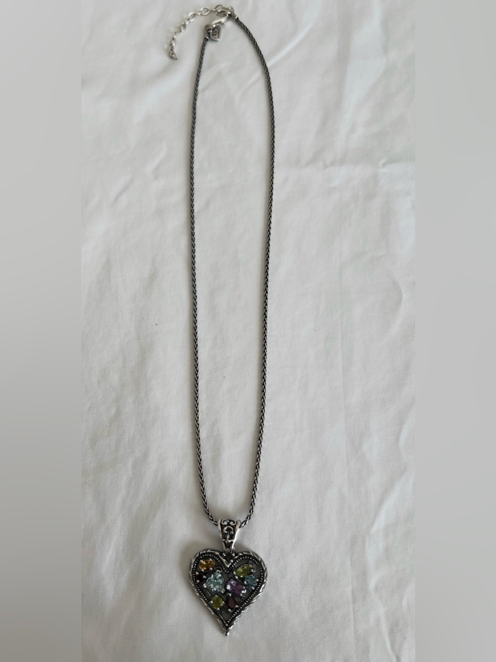 Vintage Shablool Israel 925 Sterling Silver Multi-Gemstone Heart Necklace 19.5"